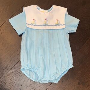 Sir John Light Blue Baby Romper with Sailboat Embroidery